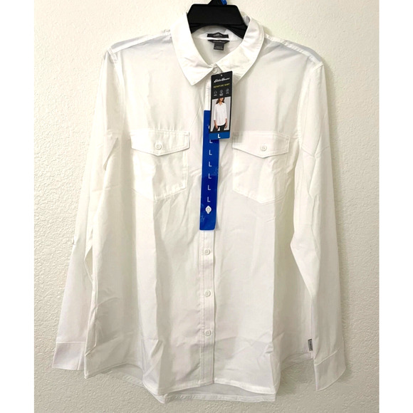 EDDIE BAUER WHITE LONG SLEEVE DEPARTURE TRAVEL SHIRT BLOUSE HIDDEN POCKET L NWT - Picture 5 of 10
